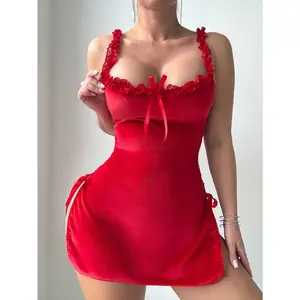 Sexy and comfortable camisole nightdress, alluring lace-up sexy short dress, passionate solid color pure desire nightdress set