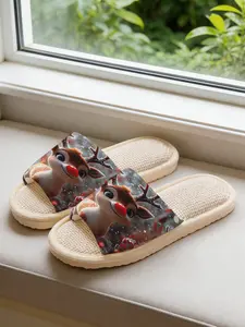 Unisex Christmas Reindeer Print Linen Slippers, Breathable Sweat-Wicking Cloudy Soft Sole, Non-Slip Quiet Home Use, All-Season Comfort, Footwear, Shoe