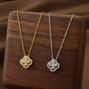 Classic Titanium Steel Lucky Clover Flower Pendant Necklace for Women Exquisite  Clavicle Chain Necklace Jewelry