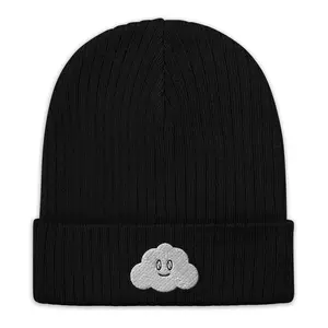 Clouded Vision Ribbed Knit Beanie - Black, Features Cloud Graphic, Classic Design