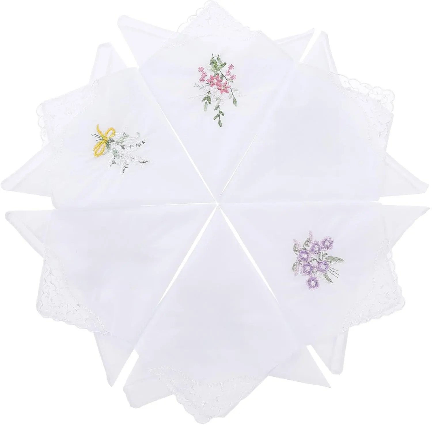 Ladies Cotton Handkerchiefs Flower Embroidered with Lace Ladies' Vintage Floral Lace Handkerchiefs for Wedding Party (6 Pack)