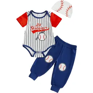 Infant Baby Boy Baseball Outfits Letter Print Striped Romper Bodysuit with Pants Hat 3Pcs Summer Clothes Set