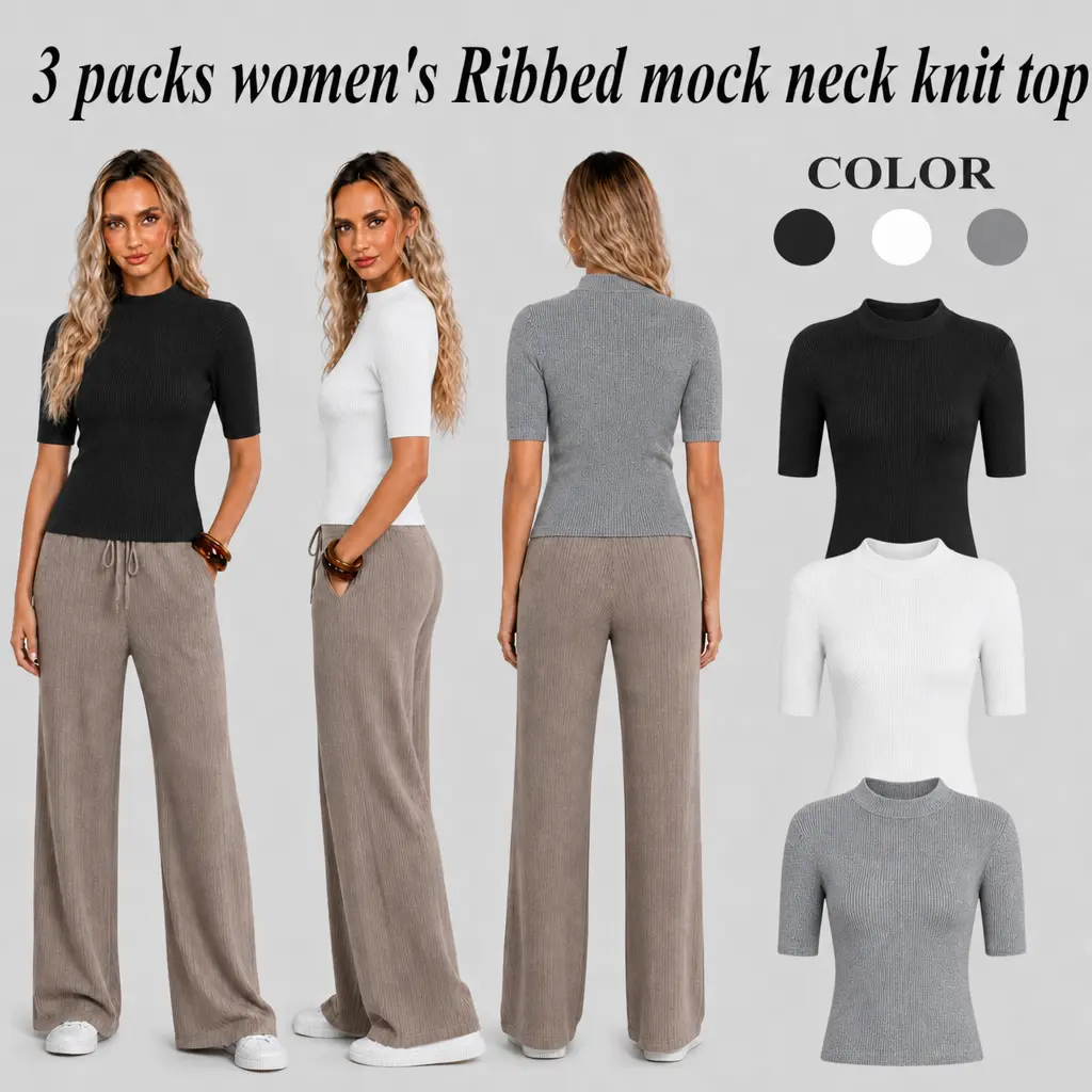 3 Packs Women's Minimalist Solid Ribbed Knitted Top Mock Neck Mid Sleeve Slimming Stretch Pullover Shirt Versatile Inner & Outer Wear for Ladies