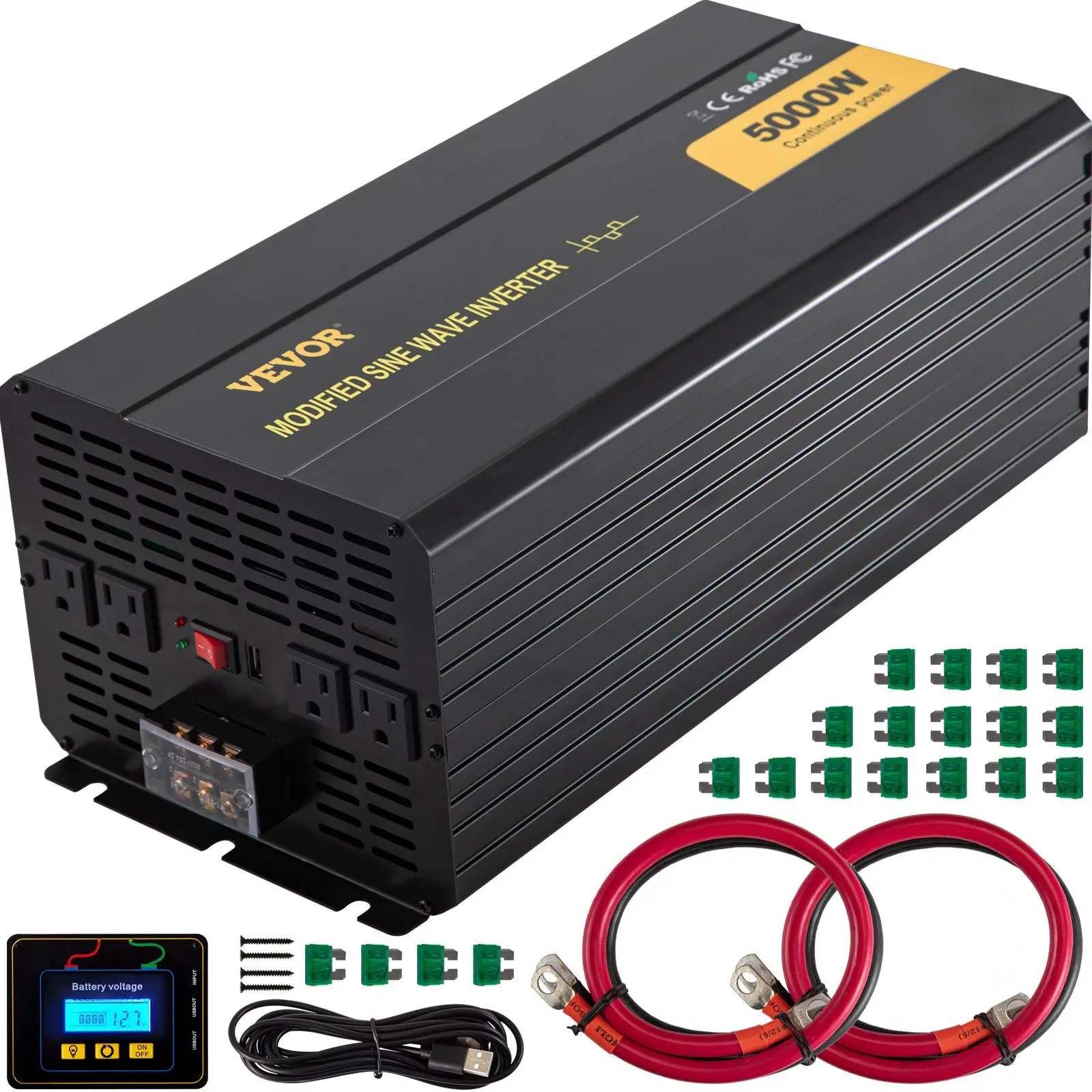 【BackToSchool】VEVOR Power Inverter, 5000W Modified Sine Wave Inverter, DC 12V to AC 120V Car Converter, with LCD Remote Controller, LED Indicator, AC Outlets Inverter for Truck RV Car Boat Travel Camping Emergency