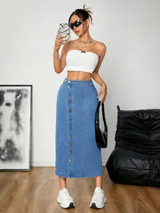 JUNBAOSS Women's Casual Stretch Mid Rise Long Denim Skirt Women Button Down Mid-Length Streetwear Denim A Line Skirt FallFreshness