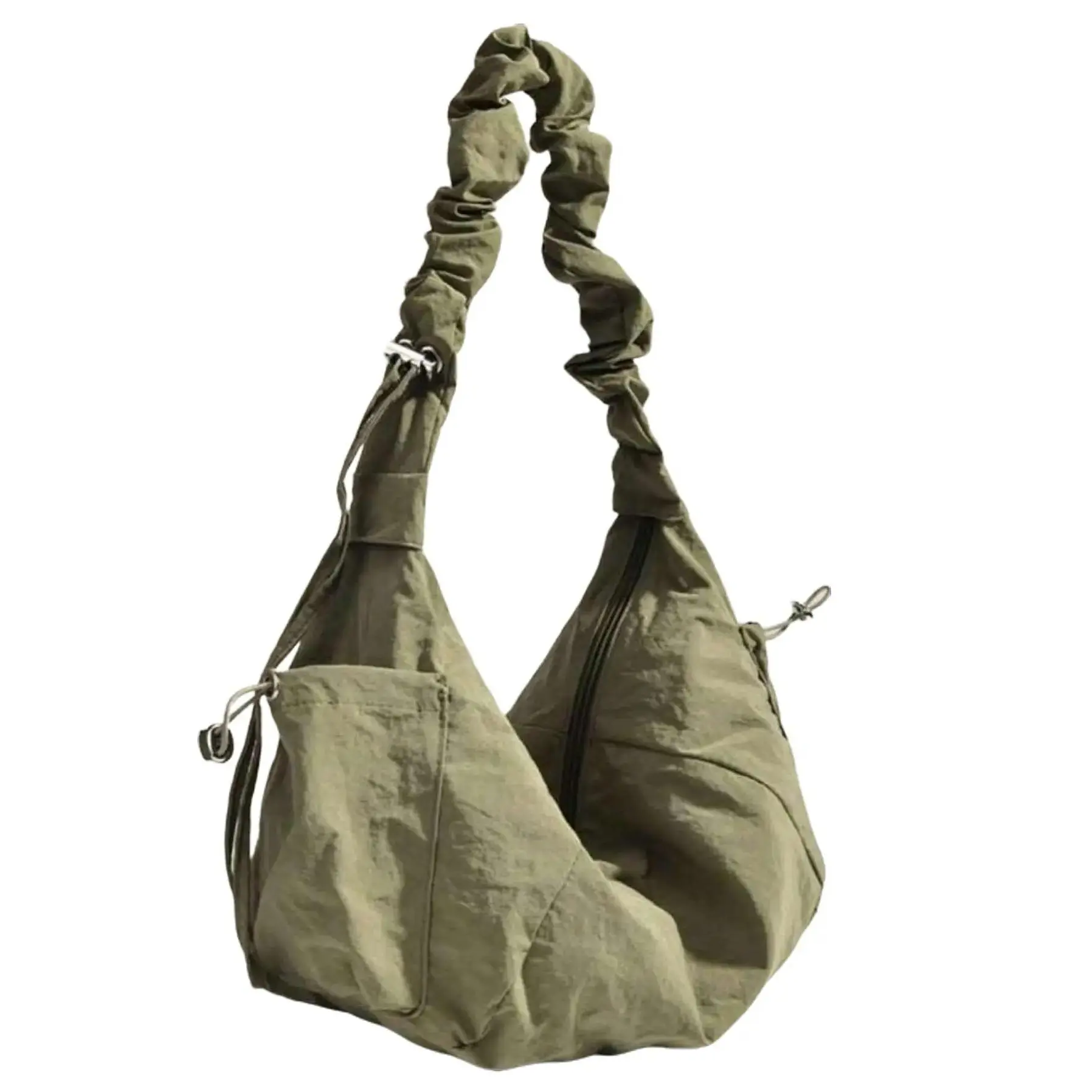 Women's Nylon Multi-Pocket Dumpling-Style Casual Pleated Drawstring Crossbody Bag - Zipper, Foldable, Adjustable, Athletic, Cute, Large Capacity Soft Relaxed Versatile Hobo Shoulder Bag