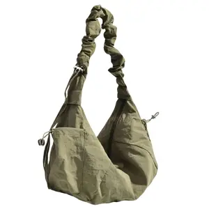 Nylon Fabric Multi-Pocket Dumpling Style Casual Pleated Drawstring Crossbody Shoulder Bag for Women, Large Capacity Sling Bag, Soft Relaxed Versatile Hobo