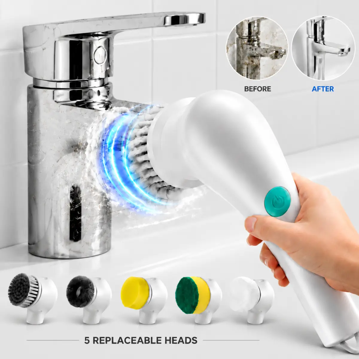 5 In 1 Cordless Electric Spin Scrubber - USB Rechargeable Power Cleaning Brush with Replaceable Heads, Bathroom Shower Scrubber for Kitchen Sink Tile Grout Floor Car Home Deep Cleaning