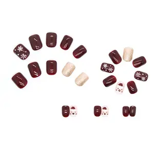 24PCS Christmas Press on Nails Short Fake Nails with Snowflake and Glitter Design Red False Nails Full Cover Glossy Glue on Nails for Women Stick on Nails Finger Manicure