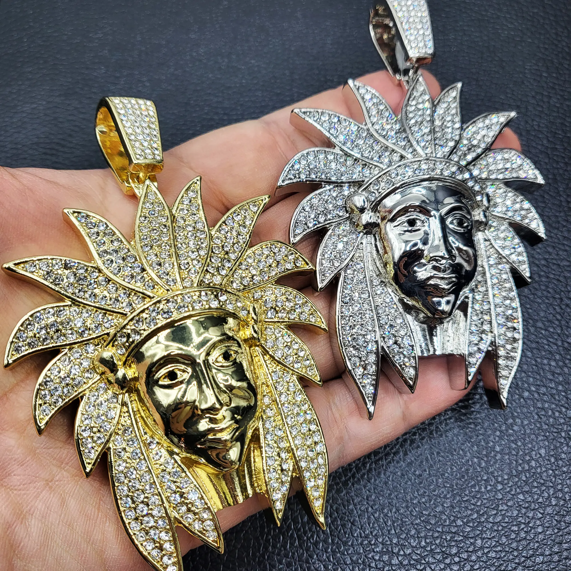MaxBling81 Native American Indian Chief Large Iced Pendant, 14K Gold-Silver Plated Cubic Zirconia Hip Hop Rapper's Pendant, Daily Wear Necklace for Birthday Anniversary