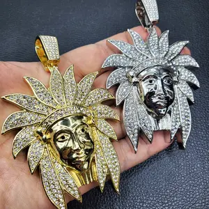 NATIVE AMERICAN INDIAN CHIEF LARGE HIP HOP ICED 14K GOLD SILVER PLATED CUBIC ZIRCONIA RAPPER'S PENDANT Birthday Daily Anniversary
