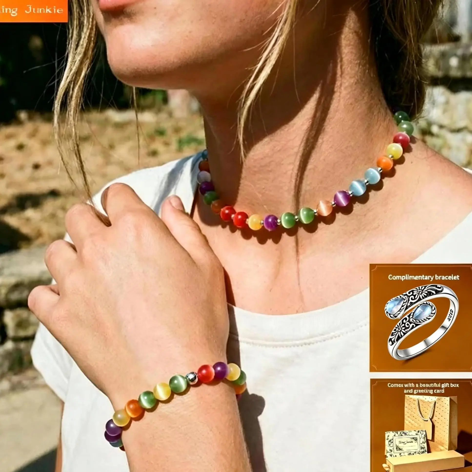 7 Chakra Cat‑Eye Beaded Choker Necklace & Bracelet Set, Rainbow Natural Stone Healing Jewelry, Comes with Gift Box & Greeting Card, FREE GIFT Vintage Moonstone Ring Included