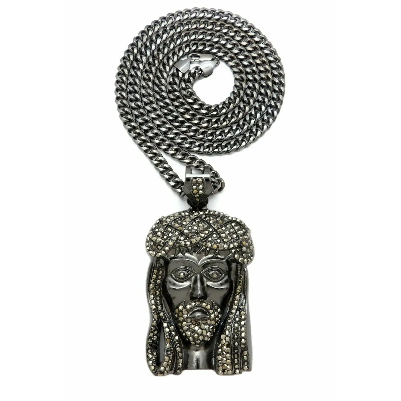 MaxBling81 Religious Chains, Unisex Iced Out Miami Cuban Link Necklace with Large Jesus Head Pendant, 36in Long, High Quality and Polished, Large Pendant, Casual