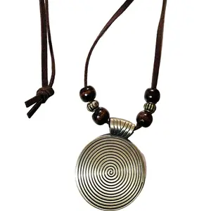 BOHO/ Bohemian Threaded Wooden Beaded & Geometric Shaped Alloy Pendant Necklace/ Free Beaded Bracelet Included