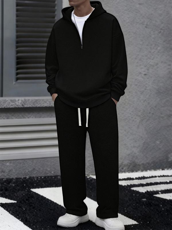 Men's solid color half zipper hooded casual pants two-piece set super soft, breathable, lightweight pullover sweatshirt with adjustable drawstring cap, large pocket, loose fit, daily leisure travel, morning walk, outdoor errand, long sleeved