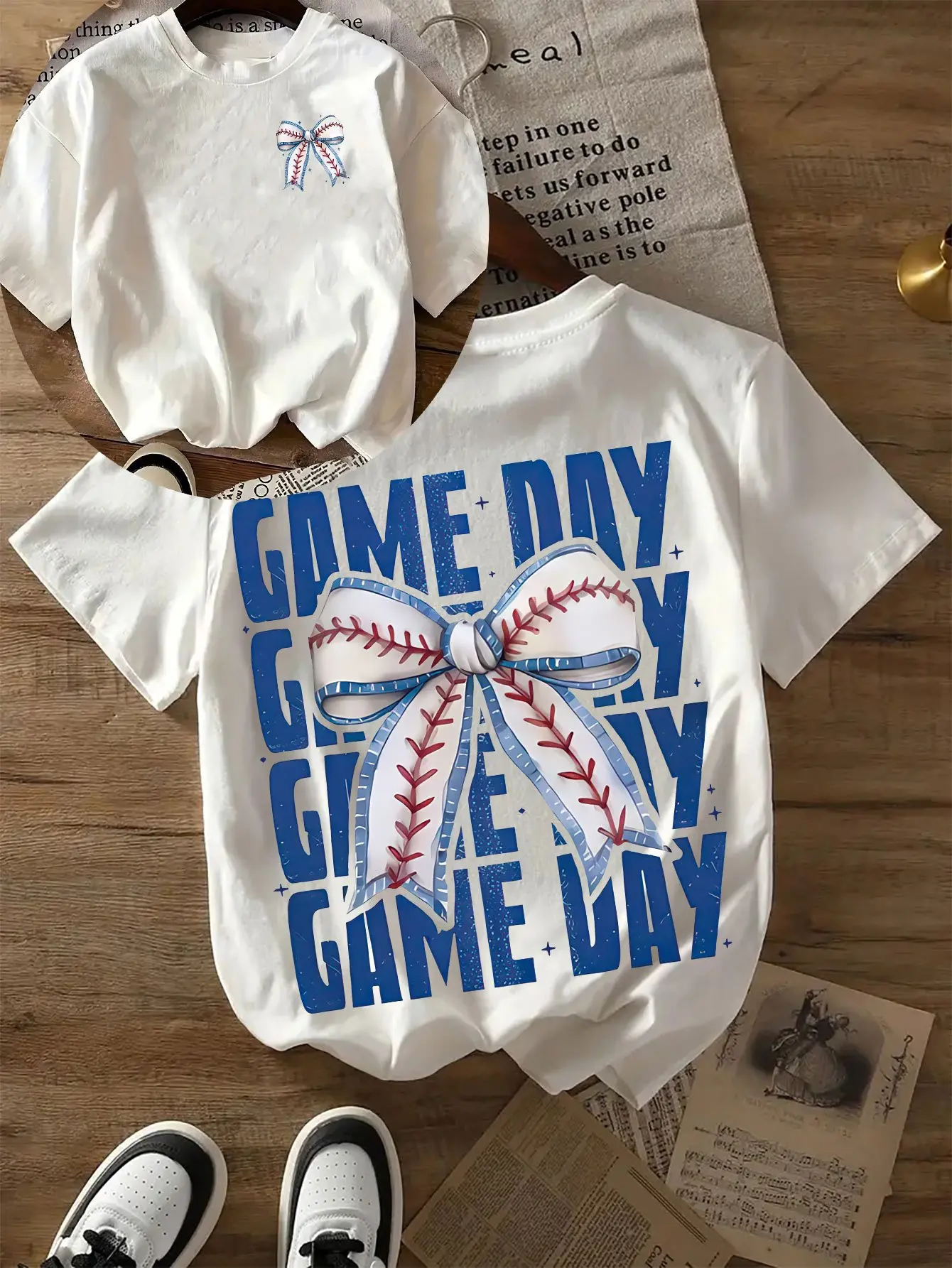 Women'S Slim Fit Baseball Bow Print T-Shirt - Double-Sided "Game Day" Design, Breathable Casual Streetwear Top, Spring/Summer, Summer Fashion T-Shirt |   Bow-Tie Decorated Shirt |     High-Quality Fabric