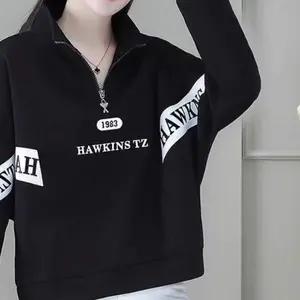 Black Half-Zipped Collar Graphic Top with Shot Sleeves - Casual Womenswear, Comfortable Design, Style - Shirts, Blouse, Sporty, Casual