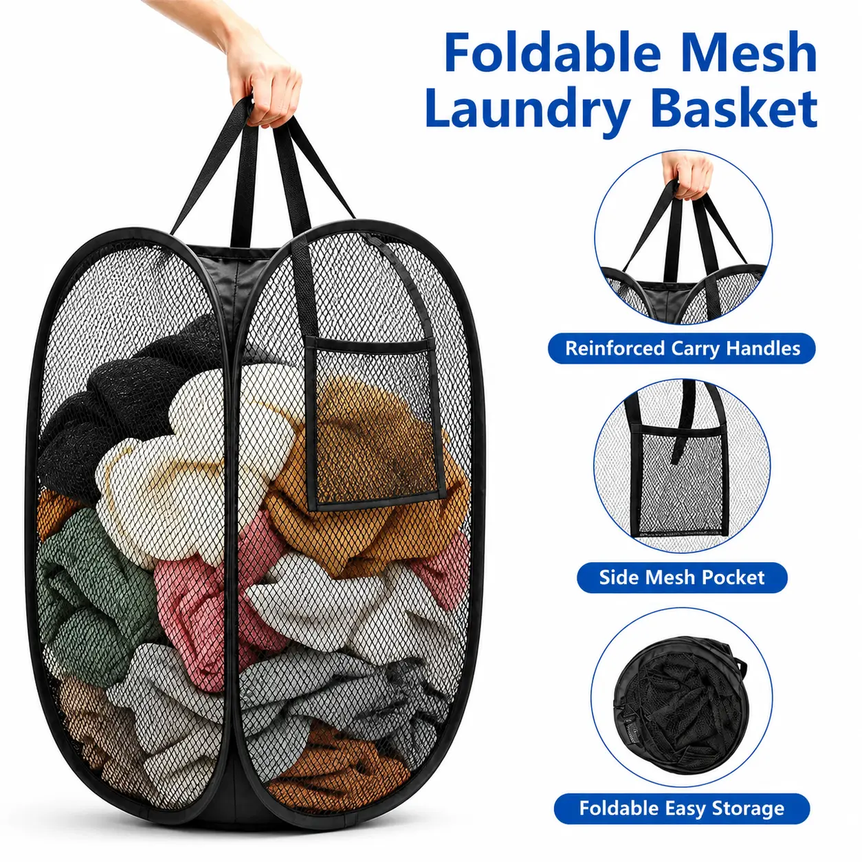 Foldable Mesh Laundry Basket 22.5in - Black Pop-Up Hamper, Reinforced Handles, Steel Wire Inside, Side Pockets, 4 Pack Option, Lightweight Portable Laundry Hamper for Laundry Room, Bathroom, Dorm, Bedroom