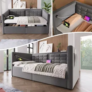 Twin Size Upholstered Daybed, Lift Up Storage Bed Twin Size Hydraulic Storage Twin Bed Frame with USB & Type-C Charging, Bed Frame with Wooden Slats and Tufted Sofa Back, No Box Spring Needed, Velvet (Without Mattress)