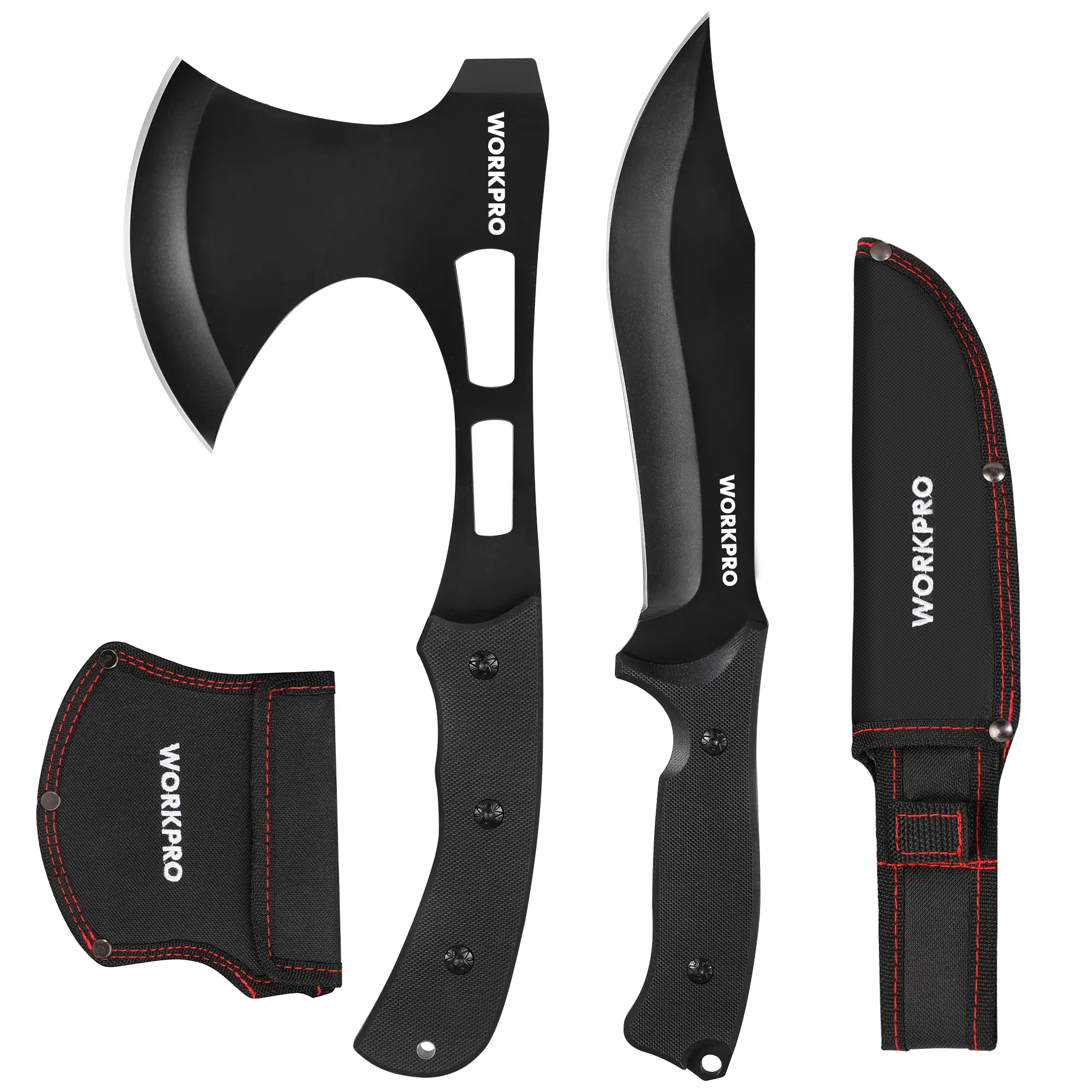 #fathersdaygift WORKPRO Hunting Knife and Hatchet Axe Combo Set - Full Tang Fixed Blade Tactical Knife and Camping Axe - Survival Knife and Camping Hatchet with Sheathes - Tactical Knife and Survival Axe for Men
