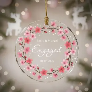 Personalized Sakura Engaged Ornament, Custom Engagement Gift for Couples, Crystal Glass Flowers Cherry Blossom Ornament, First Christmas 1st