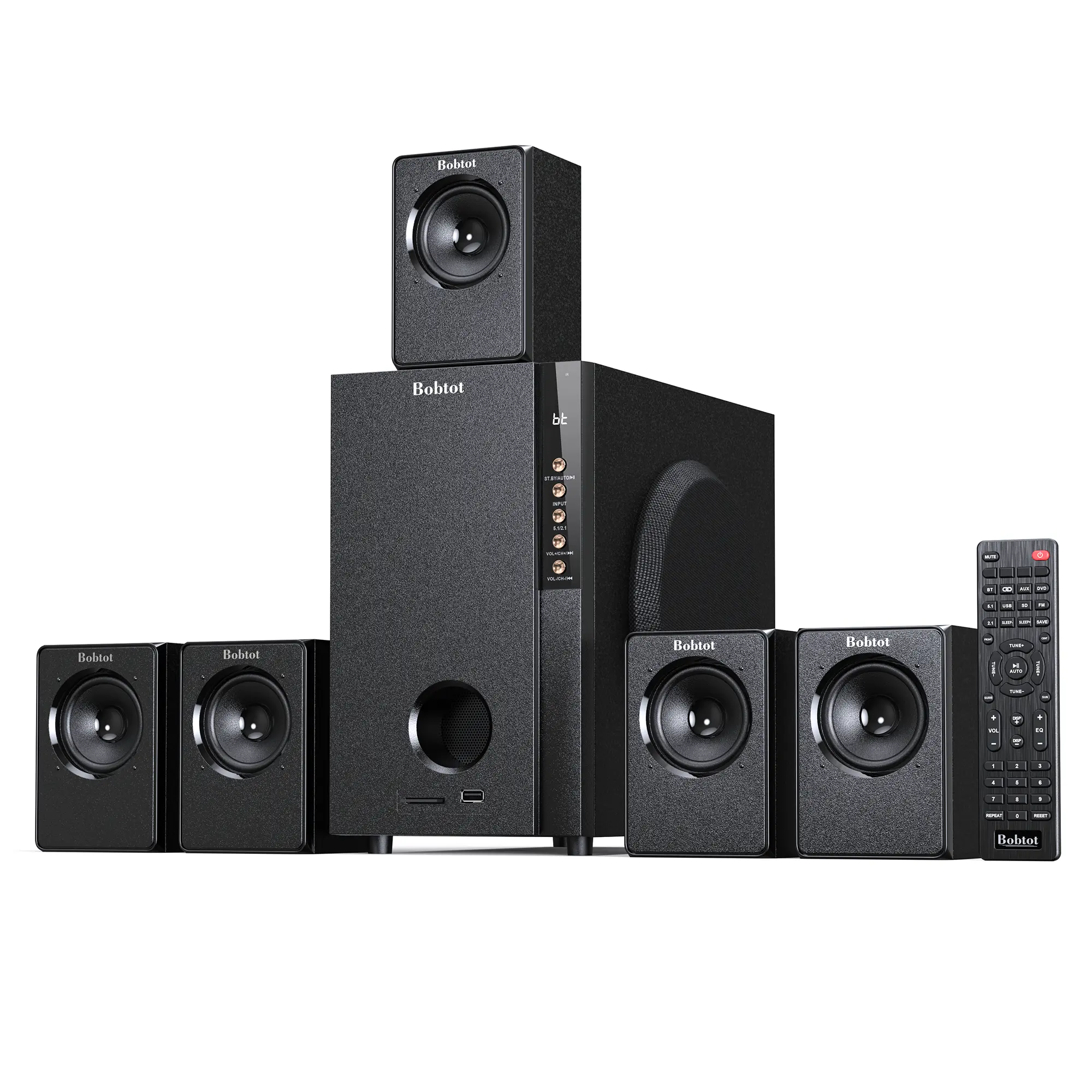 Bobtot 5.1 Home Cinema Audio System - 5.25" Deep Bass Subwoofer, 600W Bluetooth Stereo, USB Connectivity