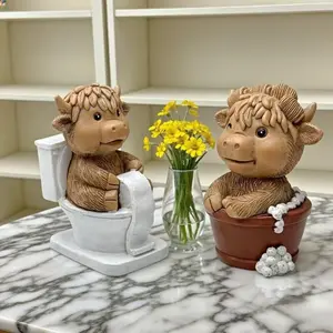 New Creative Home Desktop Resin Bathroom Toilet Highland Cow Statue Figurine Holiday Decoration, Unique Gift Idea for Home Decor, Home Decor Accessory