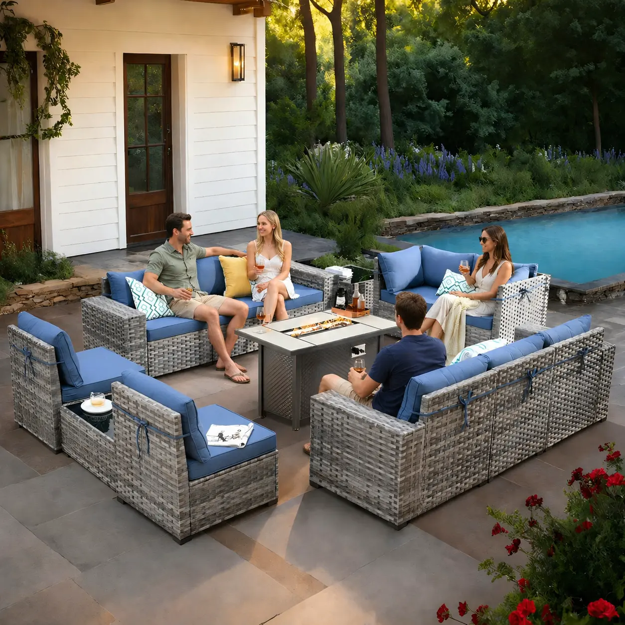 【Summerfinds】OVIOS 13-Piece Outdoor Patio Furniture Set with 42" Fire Pit Table & Extra-Wide Armrests, All-Weather PE Wicker Sectional Sofa Set with Cushions for Backyard, Patio, Deck & Porch