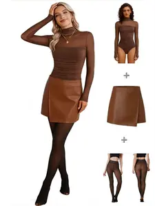 AgeRose Elegant Sexy Versatile Fashion Collection Single & Full 3-Piece Set Tights Bodycon Top Suede Skirt/Leather Skirt/Plaid Skirt Mix & Match or    Get the Complete Outfit (Top +  Skirt + Tights) Autumn/Winter Chic Sexy Style Clothes Fabric