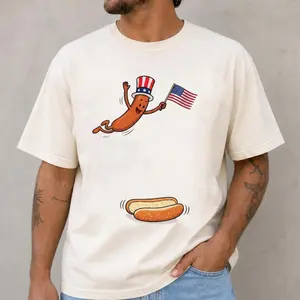 Funny Hot Dog Jumping Into Bun Shirt, 4th of July Hotdog Freedom Dive TShirt, Patriotic BBQ Grill Party Top Tee