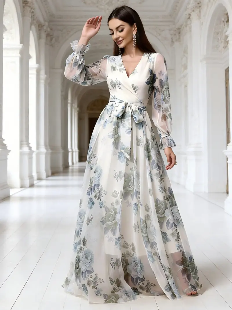 Boho Floral Print Long Sleeve V-Neck Dress, Loose Fit Casual Vacation Dress,  Plus Size Fashion for All Seasons, Casual Wear, Womenswear, Elegance, Lady  - TikTok Shop