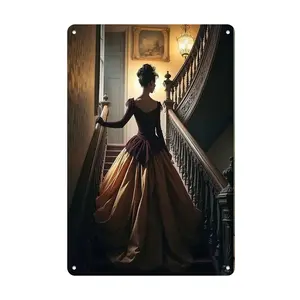1pc Vintage Tin Art_ Woman on Staircase with Chandelier Details Metal Tin Sign - Rustic Iron Wall Art for Home, Office, Cafe, Bar, and Garage Decor - Easy to Hang, Versatile for Holiday and Seasonal Decorations
