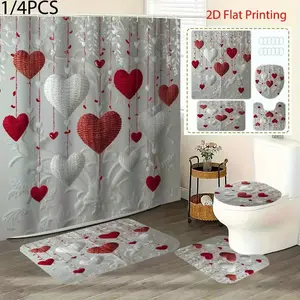 1/4 Piece Luxury Valentine's Day Design: Bathroom Shower Curtain and Mat Set with Heart Pattern, Includes 12 Hooks, Non-Slip Bathroom Mat, Non-Slip Toilet U-Shaped Mat, Toilet Seat Cover, Bathroom Divider, Modern Home Decor, Shower Curtain Sets