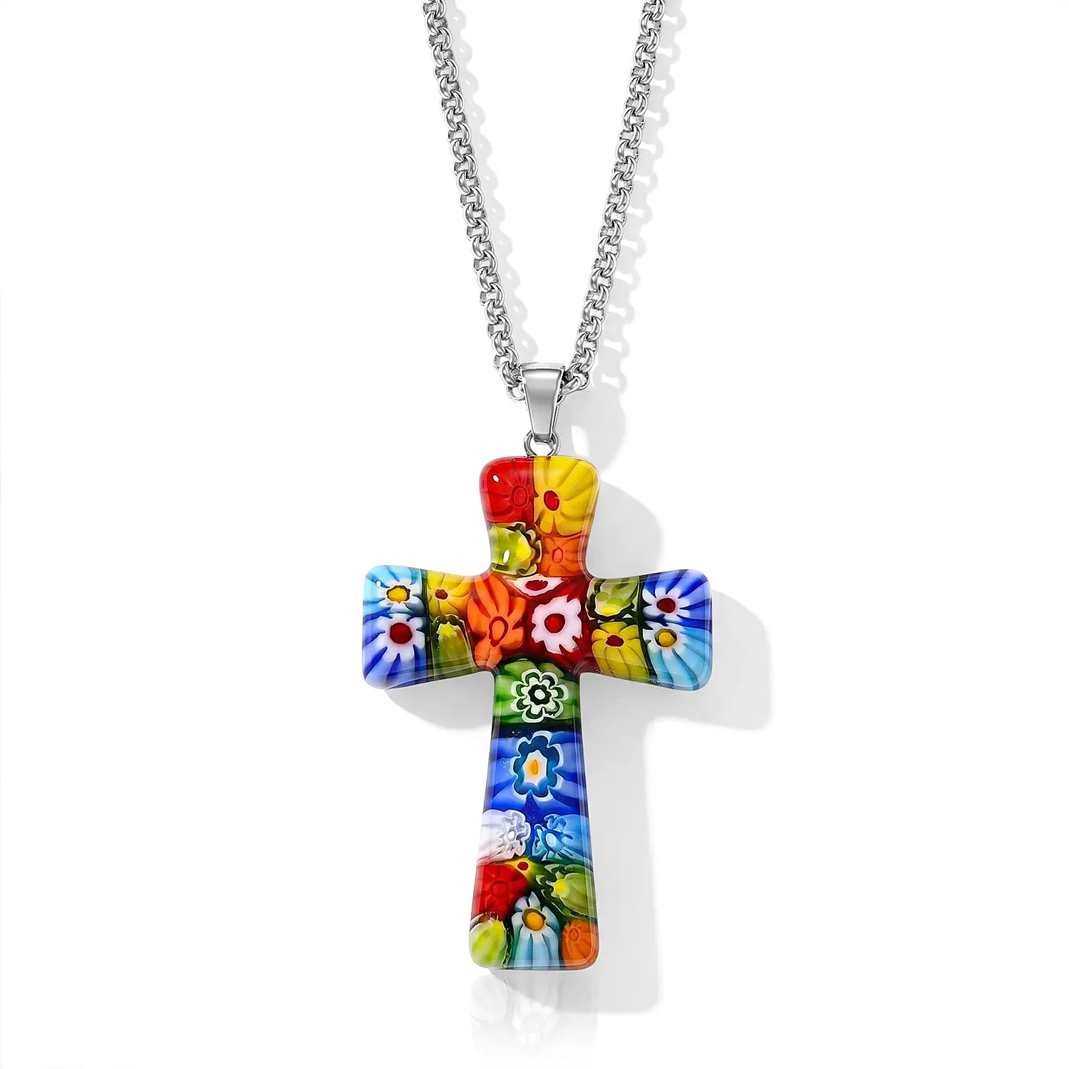 Multi Murano Style Cross Pendant Necklace (20-22 Inches) in Stainless Steel
