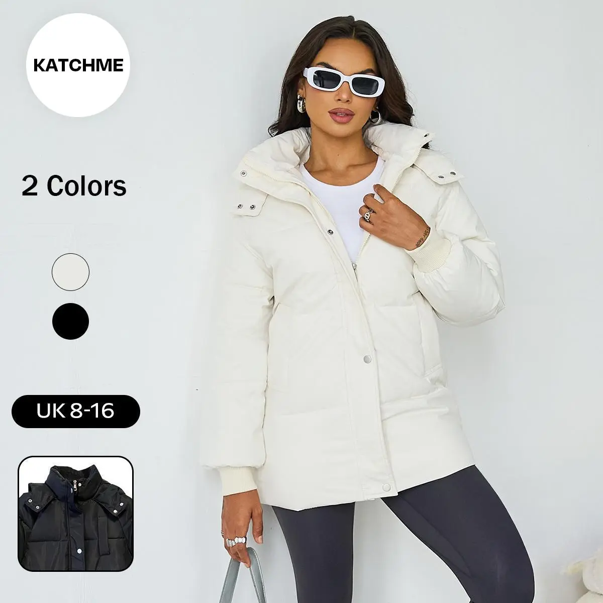 KatchMe Basic Plain Stand Collar Pocket Button-Up Coat, Casual Thermal Zipper Long Sleeve Outerwear for Fall & Winter, Classy Outerwear Jacket