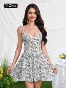 Parthea V Neck Floral Print Lace Patchwork Halter Dress, Perfect for Vacation, Comfortable Daily Wear Short Dress, Boho Style