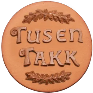 594 Tusen Takk (Norwegian Thank You Very Much) Rycraft 2" round Cookie Stamp with handle and glaze, for decorating cookies, chocolate, fondant as well as paper and clay crafts. Handmade in the USA since 1968.