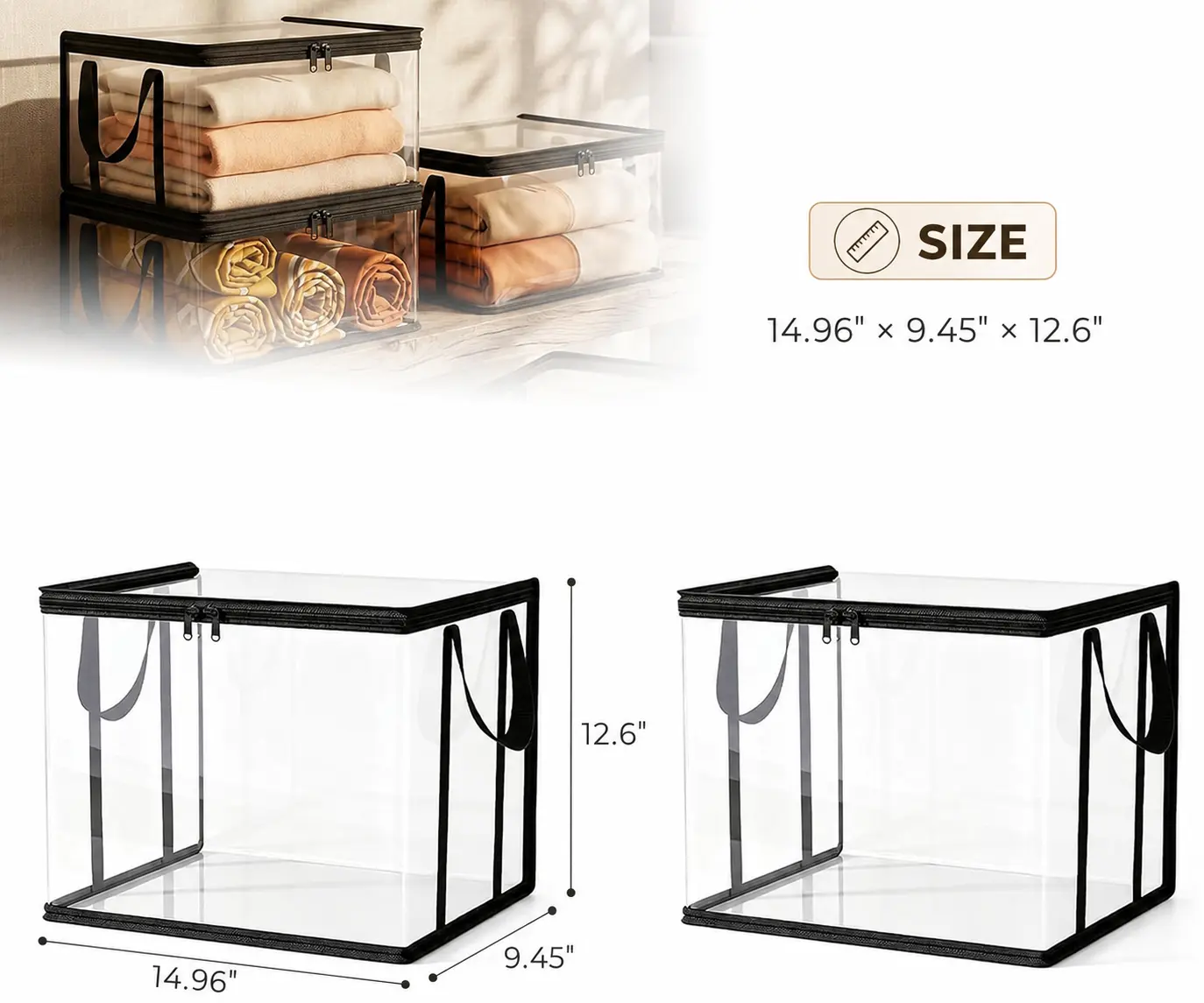 2Pcs Clear Thick Plastic Storage Box with Hinged Lid, Foldable Heavy Duty Storage Bags with Reinforced Handles & Zippers for Clothes, Blankets, Books & Moving