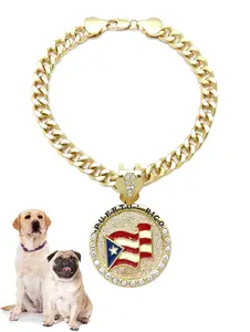 Icemond Rhinestone Studded Puerto Rico Flag Pendant 18"/26" Cuban Chain Pet Necklace in Gold or Rhodium Tone