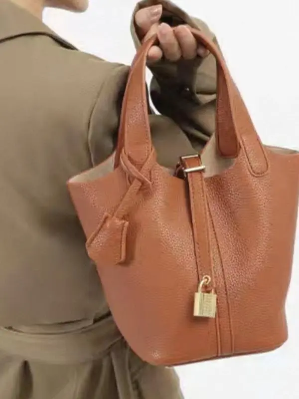 PU Leather Picnic Basket Handbag, 2 In 1 Mommy And Me Bucket Tote Bag, Minimalist Lock Charm Top Handle Purse, Fashion Versatile Daily Shoulder Handbag For Women