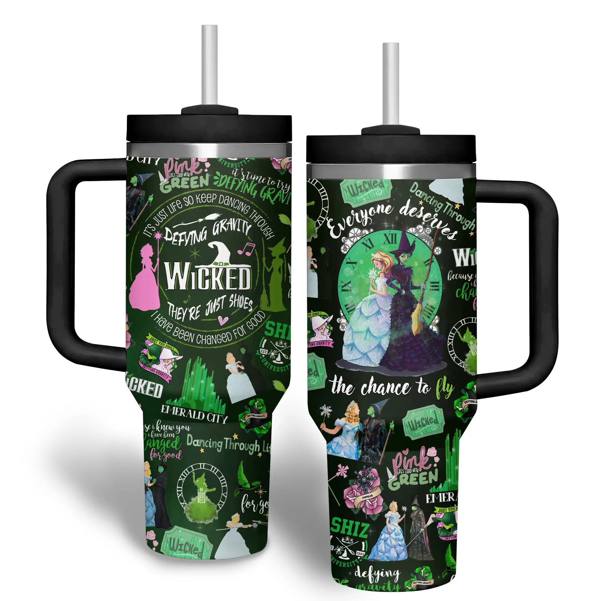 Wicked Musical 40oz Tumbler with Handle and Straw, Glinda and Elphaba Inspired Stainless Steel Travel Mug, Defying Gravity Broadway Collage Cup, Emerald City Fantasy Insulated Coffee Tumbler, Theater Lover Gift for Wicked Musical Fans