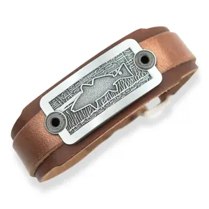 Redfish Marsh Scene Bracelet, Diecast Badge on Tapered Brown Leather Cuff, Adjustable Fishing Cuff