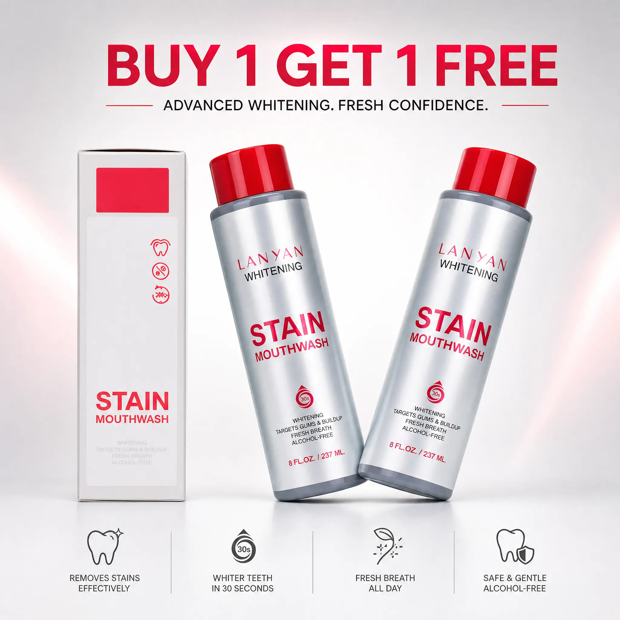 [Buy One Get One] Anti-Stain 30-Second Whitening Mouthwash – No Burn, Alcohol-Free – 8 fl.oz