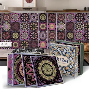 12/24PCS/Box ART PE Crystal Tile Stickers, Pink & Purple Contrast Mandala Art Tile, Waterproof Oil-Proof