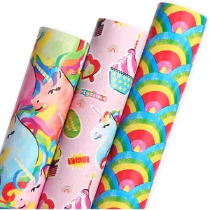 Unicorn Birthday Wrapping Paper 3 Rolls Colorful Rainbow  Wrapping Paper for Girls   Shower - Mini Roll 17 inch x 120 inch(10feet) Per Roll