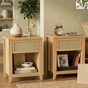 Set of 2 Aesthetic Boho Nightstands Wood Bedside Tables with Storage & Linen Drawer | Room Makeover!