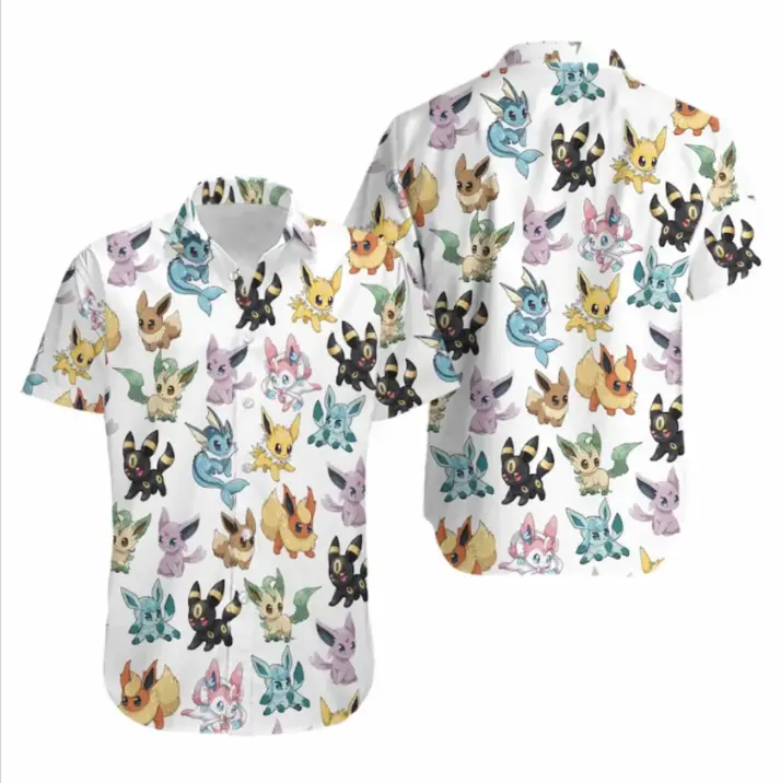 Full Print Pokeanime Eeveelution Hawaiian Shirt, Casual Unisex PKM Hawaiian Shirt For Fan, Beach Outfit, Summer Outfit, Best Gift Idea