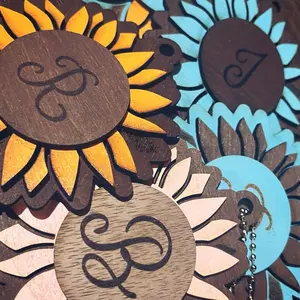 Personalized Wooden Backpack Tag with Sunflower Design and Monogram Initials for Customization