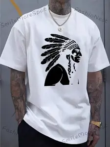 Men's Black T-Shirt with Native American Headpiece Print - Casual Crew Neck Short Sleeve Regular Fit Summer Essential for Casual Attire Everyday Tshirt |   Native American Graphic |   Comfortable Fit