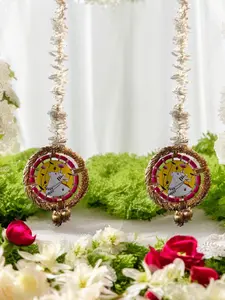 Beautiful Round Wooden Pichwai on Gota Ring with Gota Ball Tassels & Gajra Hanging Set of 2 for Indian Festival, Indian Wedding, Mehndi, Sangeet, Pooja or Diwali Decor